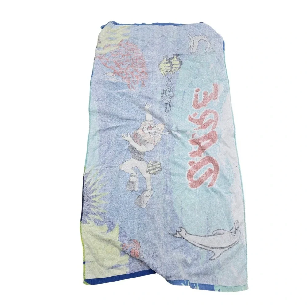 Vintage 90s DARE Lion Beach Towel Underwater Scuba Diver Dolphin Crab Fish Coral